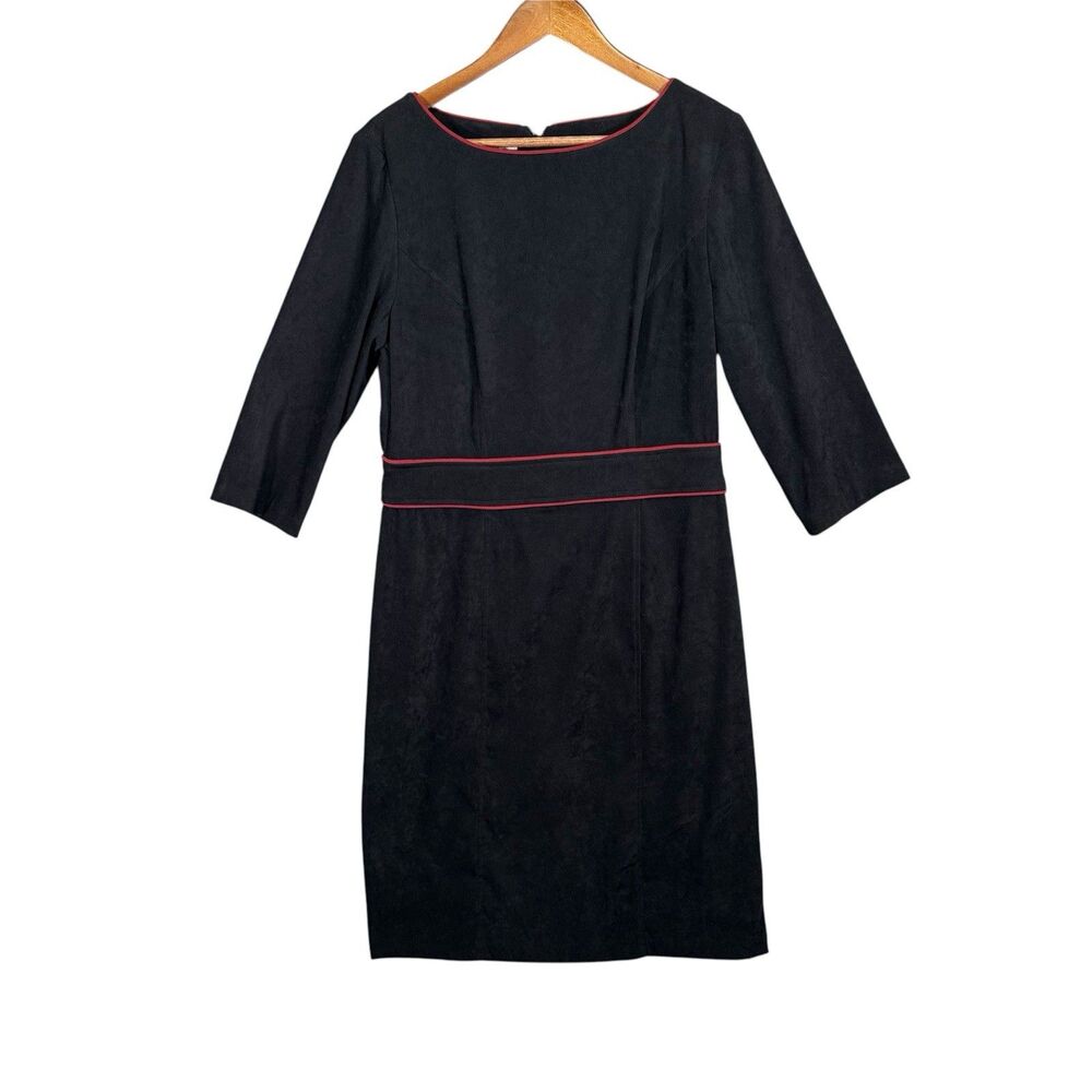 Vtg Faux Suede Boat Neck Shift Dress Black 3/4 Sleeve 90s Midi Size 10